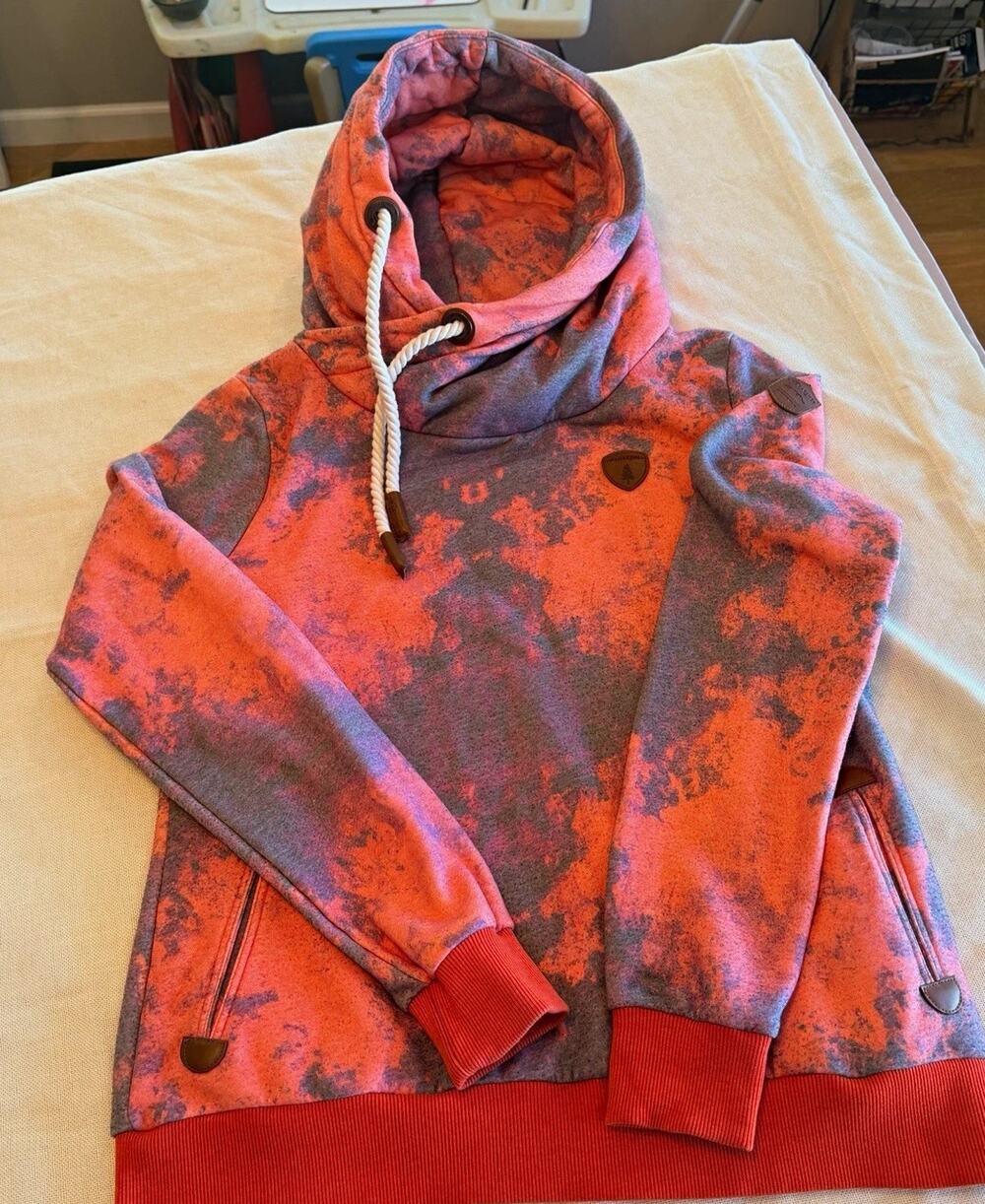 Wanakome Hoodie Womens XL Coral Gray Marbled Cowl Neck Pullover Sweatshirt